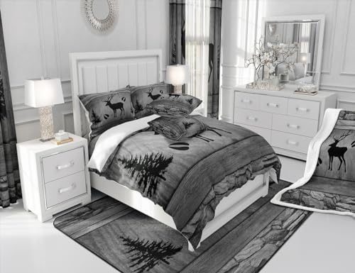 Manfei Rustic Deer Comforter Set Twin Size, Black Trees Deer Paw Print Bedding Set 2pcs for Kids Boys Teens Room Decor, Grey Wooden Plank Down Comforter Wild Animal Quilt Set with 1 Pillowcase