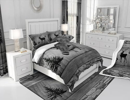 Manfei Rustic Deer Comforter Set Twin Size, Black Trees Deer Paw Print Bedding Set 2pcs for Kids Boys Teens Room Decor, Grey Wooden Plank Down Comforter Wild Animal Quilt Set with 1 Pillowcase