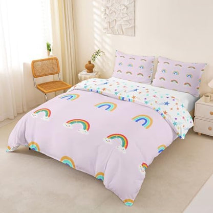 Rainbow Kids Bedding Set Full Carton Pattern Girls Children Duvet Cover 3 Pieces Soft Microfiber Cute Rainbow Pattern Comforter Cover Set for Boys Girls Teen Reversible Bedding Set with Zipper Ties