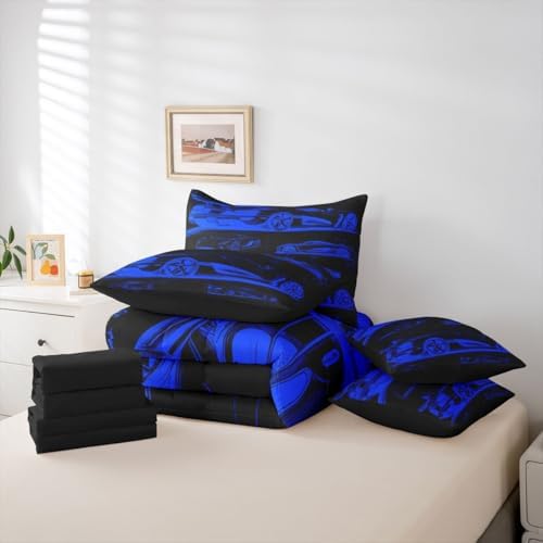 Feelyou Blue Race Car Comforter Set Twin Size 7 Pieces Speed Sports Car Bedding Set for Kids Boys Girls Extreme Sports Bed in a Bag with Comforter, Sheets, Pillowcases, Cushion Covers Quilted