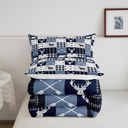 Homewish Bear Deer Silhouette Bedding Set Gray Blue Grid Comforter Set for Kids Boys Hunting Comforter Rustic Farmhouse Quilt Set 1 Comforter Set with 1 Pillowcase Toddler Size