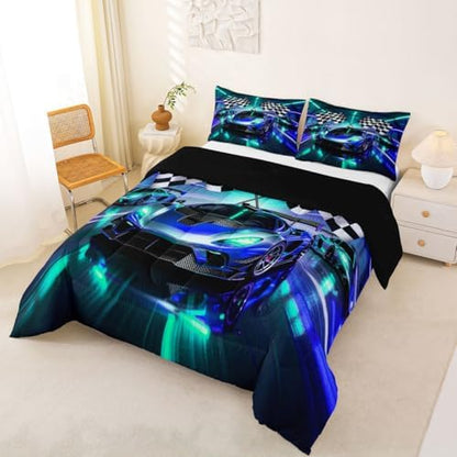Feelyou Boys Race Car Bedding Set Soft for Boys Girls, Sports Racing Car Comforter Set King Size Extreme Sports Duvet Quilt Microfiber Automobile Bedroom Decor Buffalo Check 3 Pcs with 2 Pillow Cases
