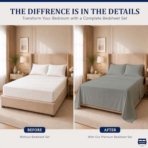 Cottingon 4 Piece Twin Sheets Fits 16" Deep, Egyptian Cotton, Light Grey
