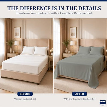 Cottingon 4 Piece Twin Sheets Fits 16" Deep, Egyptian Cotton, Light Grey