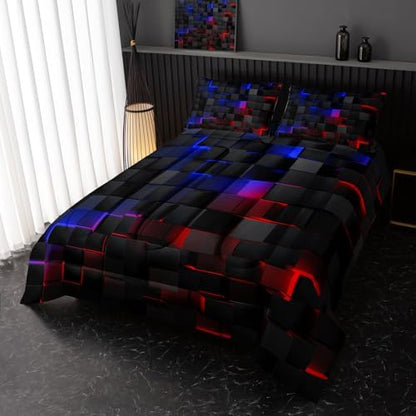 Nttopship Neon Blue and Red Black Comforter Set King Geometric Kids Bedding Set,3 PCS Geometry Honeycomb Modern Room Decor Quilt Set 1 Comforter 2 Pillow Cases All Season B-Side Black