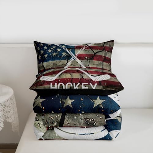 Erosebridal Ice Hockey Bedding Set Queen Size, American Flag Comforter Set for Kids Boys Teens, Hockey Sports Game Duvet Insert United States Federations Stars Stripes Retro Quilt with 2 Pillow Cases