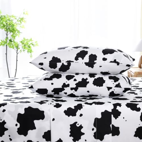 CozySmile Floral Printed Sheet Set King Size 4 Piece,Soft & Breathable Deep Pocket 16" Cooling Wrinkle Free Comforter Bed Set Botanical Pattern Sheets (King, Black and White Milk Pattern)
