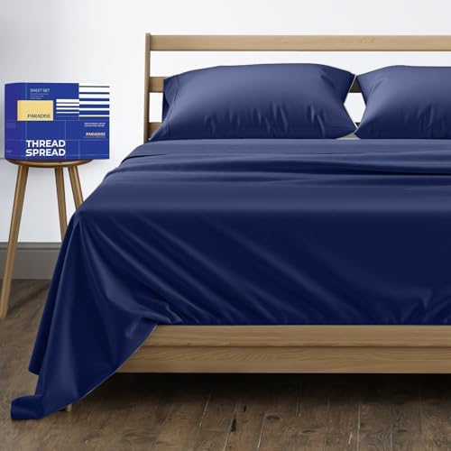 THREAD SPREAD Egyptian Cotton Sheets Queen Size - 1000 Series High Thread Count Cotton Queen Sheet Set (4 PC, Navy Blue), 16" Snug Fit Deep Pocket, Cooling, Sateen Weave Ultra-Soft Hotel Luxury Sheets