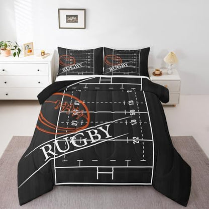 Erosebridal Boys Rugby Full Size Comforter Set for Kids Child Sports Theme Bedding Set, Ball Gamer Down Comforter Black Reversible Bed Set, Soccer Football Quilted Duvet, Ultra Soft