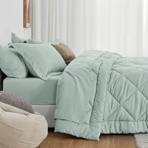 Love's cabin Oversized Queen Comforter Set, 7 Pieces Bed in a Bag, All Season Bedding Sets with 1 Comforter, 1 Flat Sheet, 1 Fitted Sheet, 2 Pillowcase and 2 Pillow Sham, Aqua