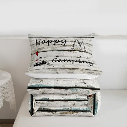 Homewish Happy Camping Comforter Set Farm Farmhouse Bedding Set for Kids Girls Women Adults Wood Rustic Comforter Camper Theme Quilted Duvet Set Bedroom Collection Twin Size 2Pcs
