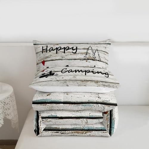 Homewish Happy Camping Full Size Comforter Set Farm Farmhouse Bedding Set for Kids Adults Teens Wood Rustic Comforter Luxury Camper Theme Quilt Set Room Decor 3Pcs
