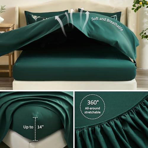 Luxudecor King Comforter Set 7 Pieces Bedding Sets, Dark Green Floral Comforter and Sheet Set, Soft Microfiber Bed in a Bag for All Seasons (Dark Green,104"x90")