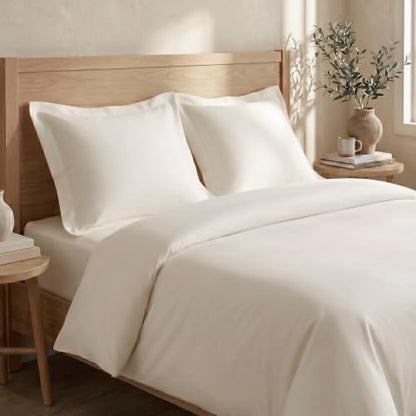 BIOWEAVES 100% Organic Cotton Full/Queen Duvet Cover Set, 3-Piece, 300 Thread Count Sateen Weave GOTS Certified Comforter Cover with Buttoned Closure and 2 Pillow Shams – Cream, 90x90 inches