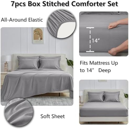 CozyLux Queen Comforter Set, 7-Piece Bed in a Bag, Grey
