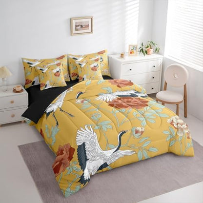 Erosebridal Red Crowned Crane Comforter Set Japanese Ukiyo-E Bed in A Bag Full Size 7 Pieces Vintage Floral Bed Set Room Decor Red Leaves Branch Asian Culture Bedding with Sheets