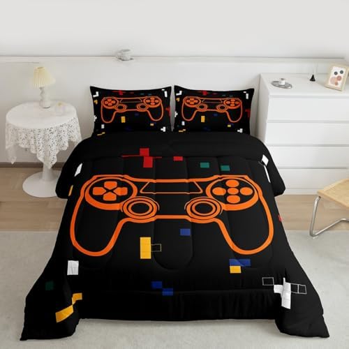 Feelyou Kids Gamer Bedding Set Toddler Size, Geometric Gaming Comforter Game Comforter Set Boys Girls Gamepad Teens Duvet Set Bedroom Decor with 1 Pillow Case