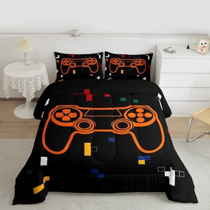 Feelyou Kids Gamer Bedding Set Toddler Size, Geometric Gaming Comforter Game Comforter Set Boys Girls Gamepad Teens Duvet Set Bedroom Decor with 1 Pillow Case