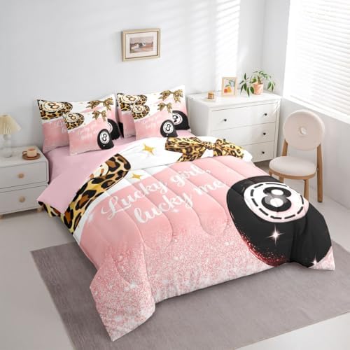Funky Lucky 8 Ball 7 Piece Comforter Set Full Size Bow Bedding Set For Girls Preppy Leopard Print Bowknot Bed In A Bag Coquette Room Decor,Fashion Trendy Y2K Bed Set,Pink Aesthetic Glitter Print