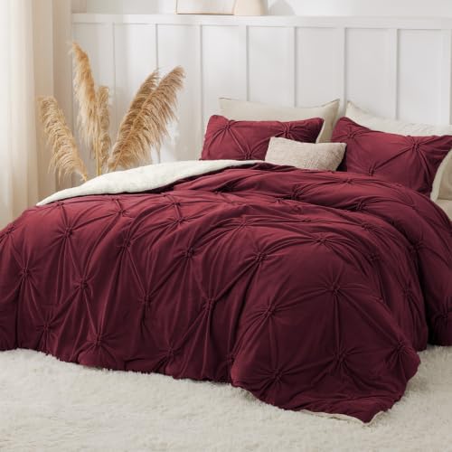 BEDELITE Fluffy Sherpa King Comforter Set,Pintuck-Burgundy