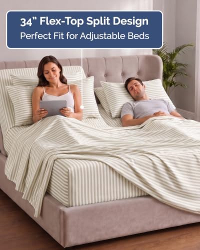 Extra Deep Flex Top Split Head King Sheet Set - 6pc Sheets - Beige Stripes