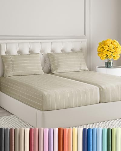Split King Size 5 Piece Sheet Set - Soft & Cooling Sheets - Beige Stripes 4