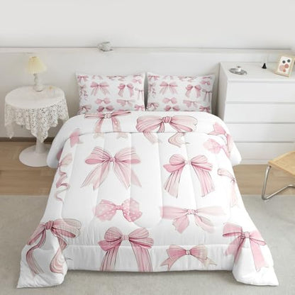 jejeloiu Watercolor Bow Bedding Set Soft for Boys Girls, Cute Pink Bowknot Comforter Set Full Size Girls Bow Duvet Quilt Microfiber Bedroom Decor 3 Pcs with 2 Pillow Cases