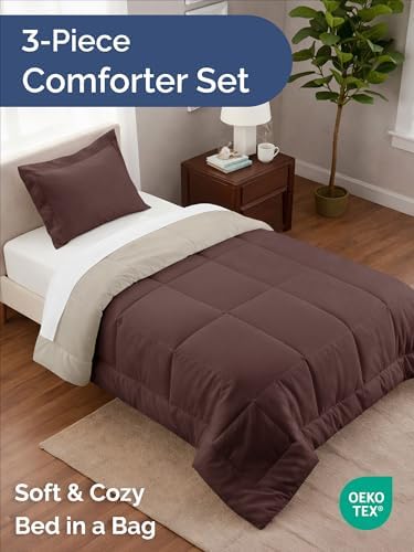 Twin Comforter Set - Brown/Beige Bedding for All Seasons - 2 Piece Bed Set