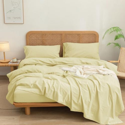 BESTOUCH Sheet Set 100% Washed Cotton Linen Feel Super Soft Comfortable Chic Lightweight 4 Pcs Home Bedding Set Solid Light Yellow California King
