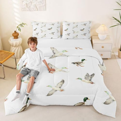 Feelyou Mallard Duck Bedding Set Soft for Boys Girls, Hunting and Fishing Comforter Set Queen Size Wild Animal Duvet Quilt Microfiber Wildlife White Bedroom Decor 3 Pcs with 2 Pillow Cases