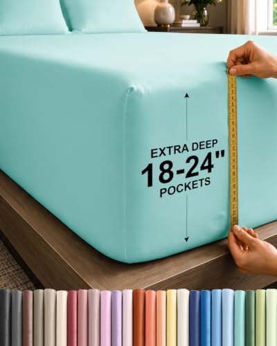 CGK Linens Extra Deep Queen Fitted Sheet - Fitted Sheet Only - Spa Blue