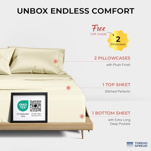 THREAD SPREAD 100% Egyptian Cotton Queen Sheets Set - 1200 Series Plush Collection Luxury Egyptian Cotton Sheets Queen Size Deep Pocket (4 PC, Ivory), Soft, Cooling, Sateen Weave Sheet Set