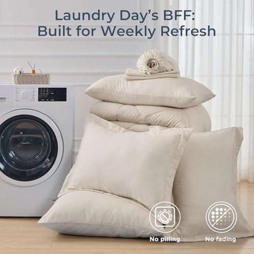 HEVUMYI 7-Piece Oversized King Comforter Set, Beige Bed in a Bag