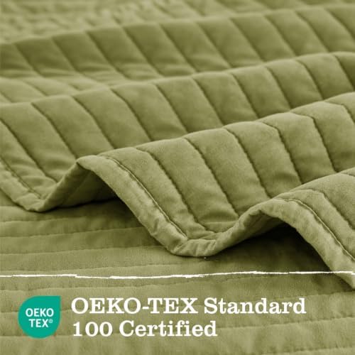 DOWN HOME King Quilt Bedding Set with Shams, Vintage Washed Soft Quilted Blanket Thin Comforter Lightweight Bedspread Coverlet Bed Cover, Brushed Microfiber Stripe Stitching, Golden Olive, 104"x90"