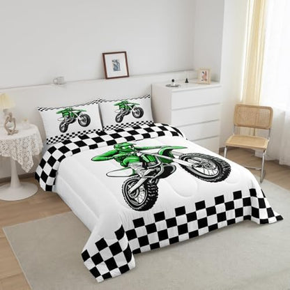 Feelyou Dirt Bike Bedding Set Kids Boys Girls King Size Racing Motocross Rider Comforter Set Teen Adult Ultra Soft Extreme Sports Comforter Motorcycle Racer Duvet Quilt Black and White Check Quilt