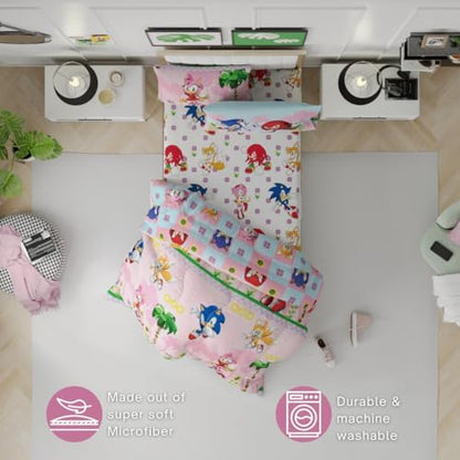 Franco Sonic the Hedgehog Amy Rose Anime Kids Bedding Super Soft Comforter and Sheet Set with Sham, 5 Piece Twin Size, (Officially Licensed Product)