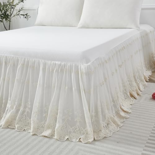 Brandream Queen Size Luxury Cream White Lace Bed Skirt 18 Inch Drop Romantic Girls Bed Sheets Cover Elegant Skirted Sheet