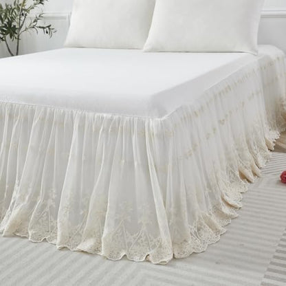 Brandream Queen Size Luxury Cream White Lace Bed Skirt 18 Inch Drop Romantic Girls Bed Sheets Cover Elegant Skirted Sheet