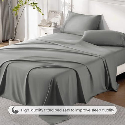 ROSE&RISY Light Grey Queen Sheet Set, 4 Pieces Soft Bedding Queen Sheet Set, Breathable and Cooling,Includes 1 Fitted, 1 Flat, 2 Pillow Cases - Deep Pocket (Light Grey, Queen)