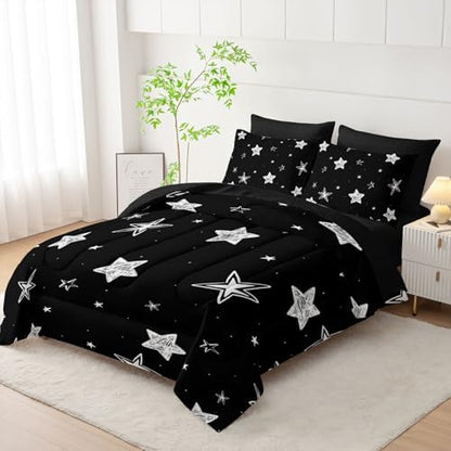 7Pcs Starry Comforter Set Black White Stars Printed Bedding Set with 1 Comforter, 1 Flat Sheet, 1 Fitted Sheet and 4 Pillowcases for Boys and Girls Bedroom All Season(Stars-3 King