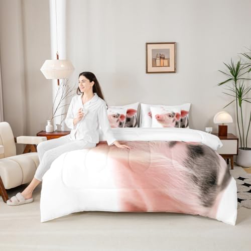 Erosebridal Pig 7 Piece Bedding Set Queen Cute Pet Comforter Set with Sheets Farmhouse Animal Bed in A Bag Kids Boys Girls Teens Bed Sets with 2 Pillowcases, 2 Throw Pillow Covers