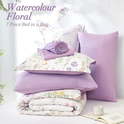 Yiran Floral Comforter Set Twin Size,7 Piece Cute Flower Pattern for Women Teen Girls,Soft Lightweight Purple Coquette Bedding Aesthetic Cottagecore Bed for All Season