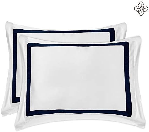 Bioweaves 100% Organic Cotton Banded Full/Queen Duvet Cover Set, 300 Thread Count Sateen Weave GOTS Certified Comforter Cover with Buttoned Closure and 2 Pillow Shams – White & Navy Blue, 90x90 inches