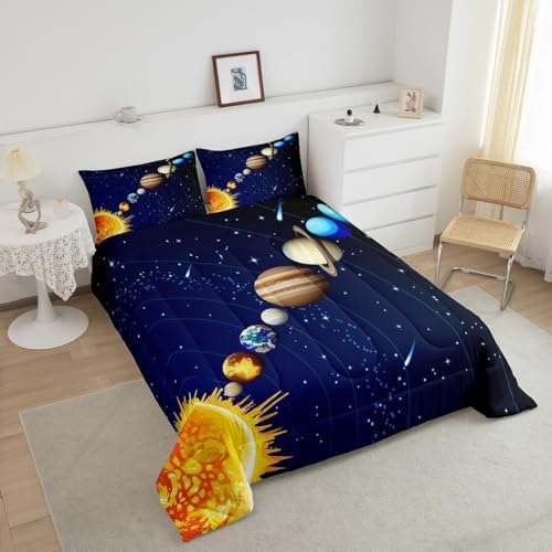 Erosebridal Boys Outer Space Down Comforter, Kids Galaxy Nebula Comforter Set King Size, Starry Sky Cosmos Bedding Set for Children Girls, Solar System Starry Landscape Quilted Duvet, Blue Purple