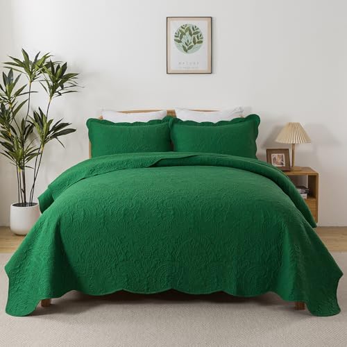 HoneiLife Queen Size Quilt Sets - 3 Piece Queen Quilt Bedding Set Microfiber Quilt Set Lightweight Bedspreads Reversible Coverlets Retro Bed Cover Floral Bedding Set All Season Quilts-Green