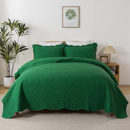 HoneiLife Queen Size Quilt Sets - 3 Piece Queen Quilt Bedding Set Microfiber Quilt Set Lightweight Bedspreads Reversible Coverlets Retro Bed Cover Floral Bedding Set All Season Quilts-Green