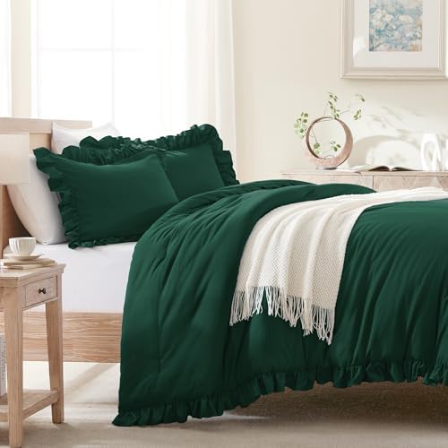 Andency Dark Green Ruffle Comforter Twin Size, 2 Pieces Soft Bed Set