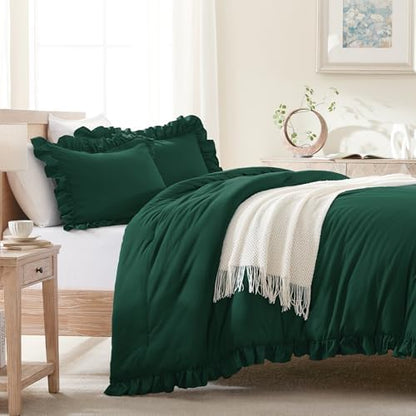 Andency Dark Green Ruffle Comforter Oversized Queen, 3 Pcs Solid Bed