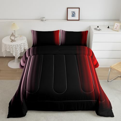 Feelyou Teens Abstract Ombre Decorations Bedding Set for Kids Women Pink Red and Black Comforter Set Geometric Modern Quilt Set Room 3Pcs Queen Size