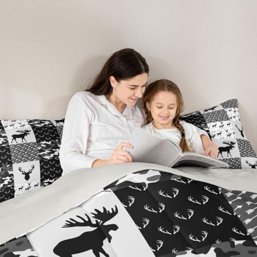 Erosebridal Deer Comforter Set for Boys, Grey Black Camo Down Comforter Boho Antlers Silhouette Bedding Set Kids Teens Camouflage Grunge Arrows Pattern Duvet Sets with 1 Pillow Case, Twin Size